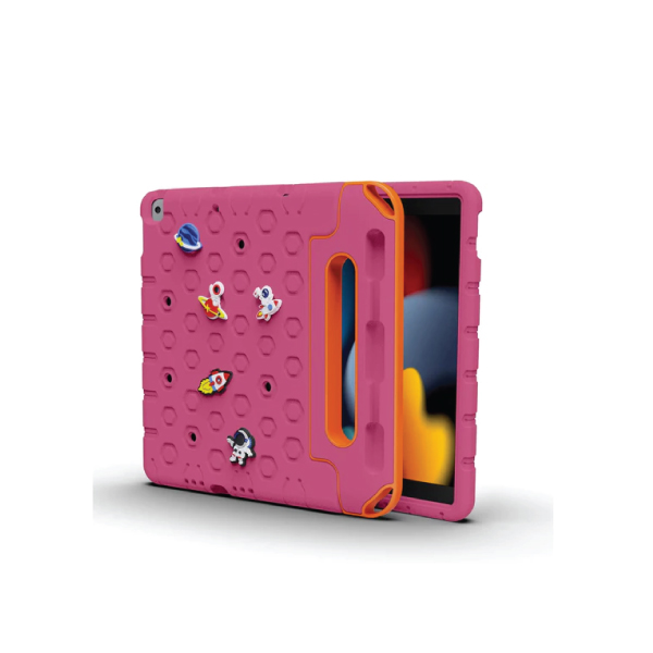 Moxedo Rugged Protective EVA Silicone Kids Case Cover, Shockproof DIY 3D Cartoon Pattern with Pencil Holder Stand and Handle Grip for Apple iPad 2021 (9th Gen) 10.2 inch - Rose Pink