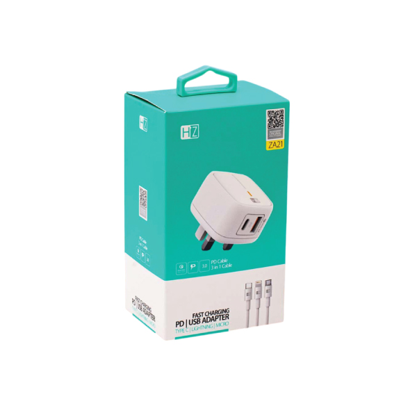 Heatz ZA21 Fast Charging PD USB Adapter – 3-in-1 Cable Support (Type-C, Lightning, Micro USB)