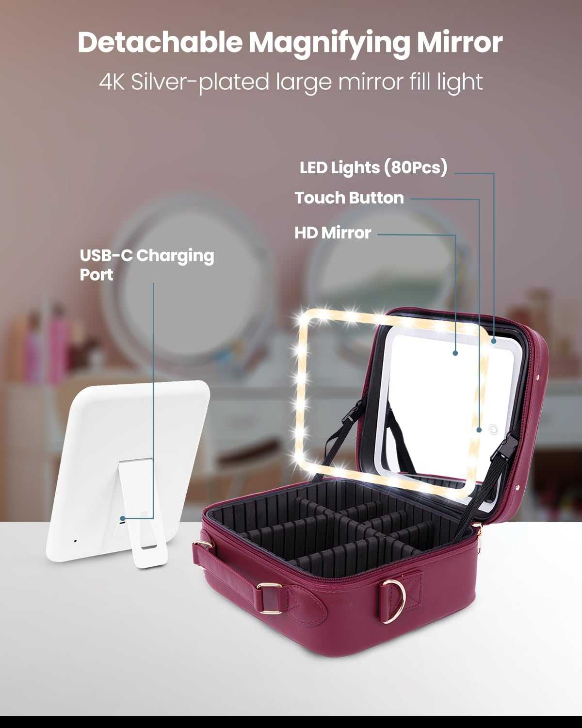 Moxedo 2 in 1 Portable Make-up Bag Organizer with Built-in LED Lighting Mirror 3 Color Brightness ( Maroon)