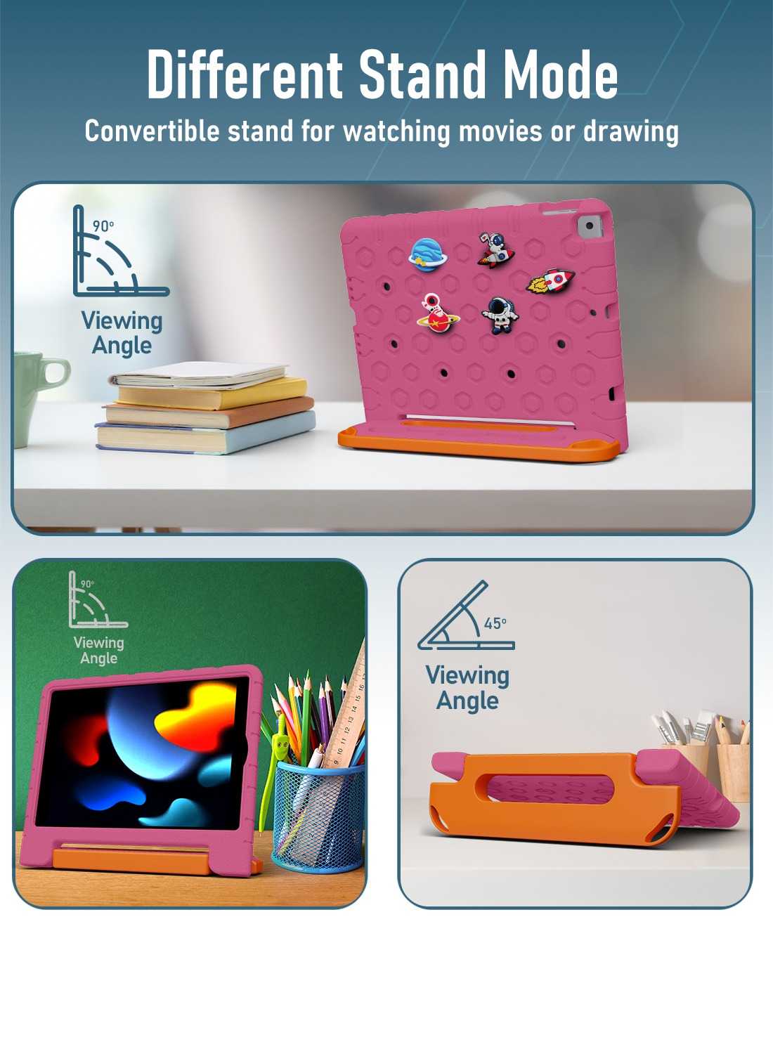 Moxedo Rugged Protective EVA Silicone Kids Case Cover, Shockproof DIY 3D Cartoon Pattern with Pencil Holder Stand and Handle Grip for Apple iPad 2021 (9th Gen) 10.2 inch - Rose Pink