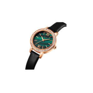 AFRA Ornate ladies watch with rose gold case, green dial, and black leather strap – stylish and elegant women’s wristwatch