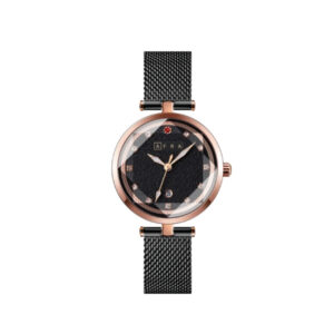 AFRA REGINA LADIES WATCH ROSE GOLD CASE BLACK DIAL BLACK MESH BRACELET