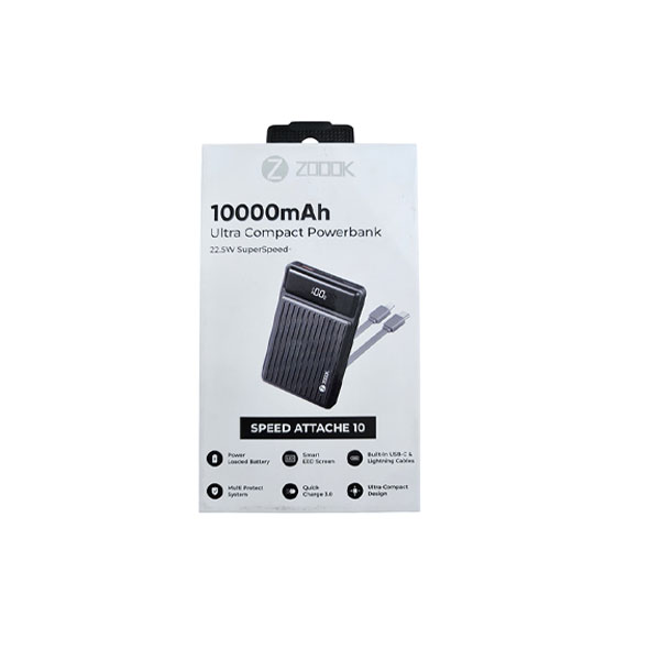 ZOOOK Speed Attache 10 ultra-compact powerbank with 10000mAh battery, built-in USB-C and Lightning cables, LED screen, and 22.5W fast charging