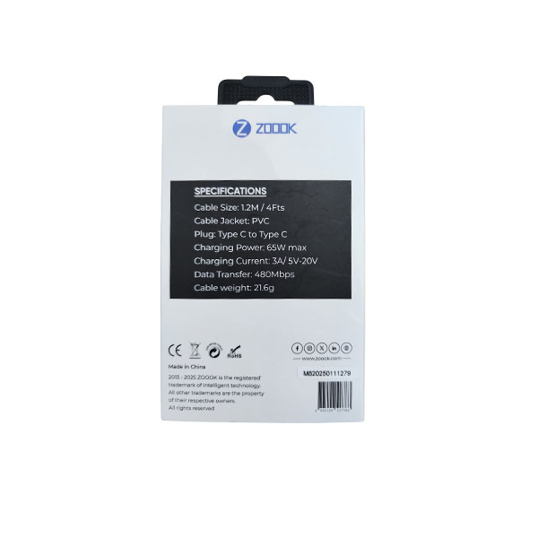 Zoook USB-C to USB-C 65W fast charging cable – Type-C Power Delivery charging and data sync cable for laptops, tablets, and smartphones